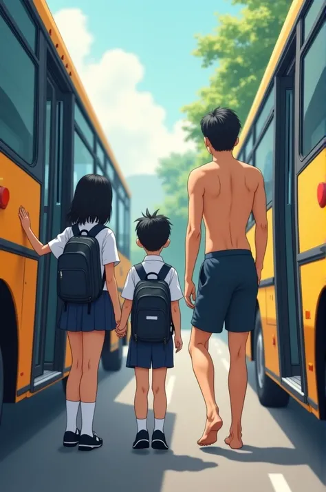 South Korea, one three siblings, a girl and a boy in elementary school, the youngest boy and the girl are boarding the bus to school fully uniformed and more generalized with real people, but behind her is her older brother, a male Korean high school stude...