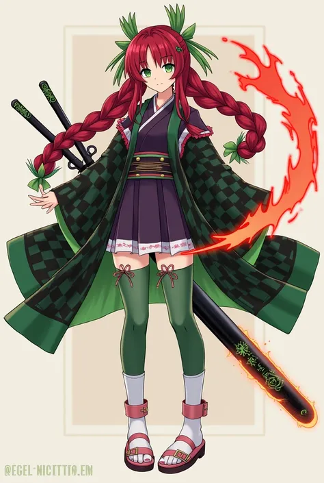 Appearance:

Hair: Long, thick hair that combines deep crimson red with bright green tips, similar to signature braids. It is often styled into two or three large braids.

Scar: A faint, flame-shaped burn mark on the forehead, symbolizing resilience and de...