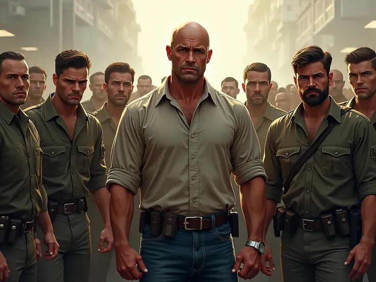 a strong man, bald,  DRESSED IN A SHIRT AND JEANS, EXPRESS A CALM LOOK , BUT AT THE SAME TIME VERY INTIMIDATING HE IS SURROUNDED BY A GROUP OF FORMER SOLDIERS.