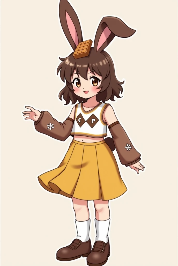  Teenage girl with brown rabbit ears and tail,  brown wavy hair ,  with miniature chocolate bar on her head ,sleeveless crop top with brown diamonds, mustard skirt ,  brown arm warmers with snowflakes,  white leg warmers and brown school shoes