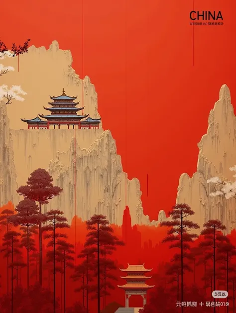  fully showcases the characteristics and charm of traditional Chinese painting {x} The yellow and light yellow of the mountain body There is a stark contrast to white {x} This image is a picture of China with a red background Style landscape painting， is b...