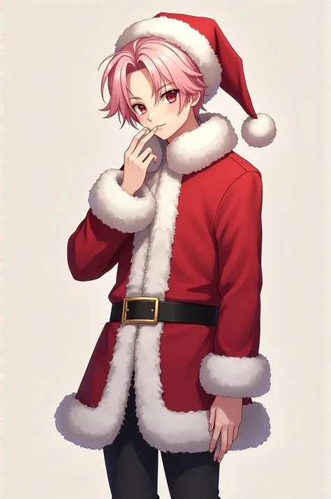 An attractive anime boy who is in the drawing style dressed as Santa Clous with pale skin, serious face, tall with male hands and long fingers in his mouth, with attractive pastel pink hair. 