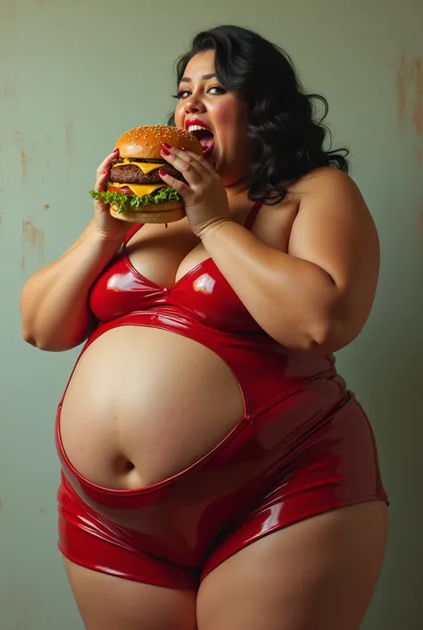 Make an obese woman eating a huge cheese burger in a tight latex dress too short for her obese belly 