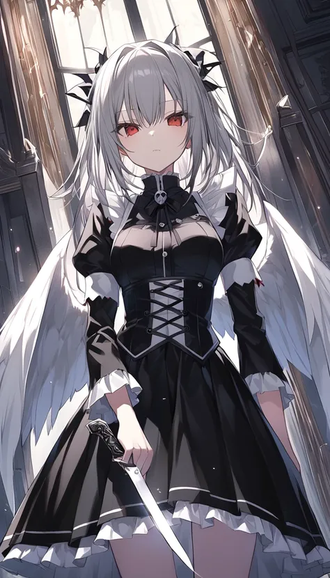 anime White Hair Girl and angel wings holding a bloody knife,  Gothic Maid Style Anime Girl , nyaruko-san, Nightcore, White Hair Girl, Gray Hairの, Gray Hairの deity, Gray Hair, Gray Hairの lady, perfect Gray Hairの girl, Female Vampire Knight, 2b ..., 2b, Dev...