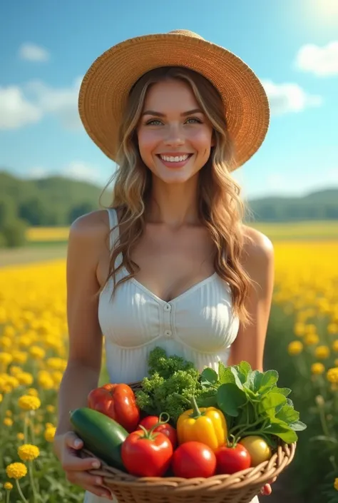 1girl,gal,large breasts,(best quality,absolutely resolution,ultra detailed,masterpiece),(photo realistic),8K,(detailed face),delicate realistic skin texture,Beautiful woman in farmer attire, standing in a picturesque rural landscape, vibrant fields and blu...