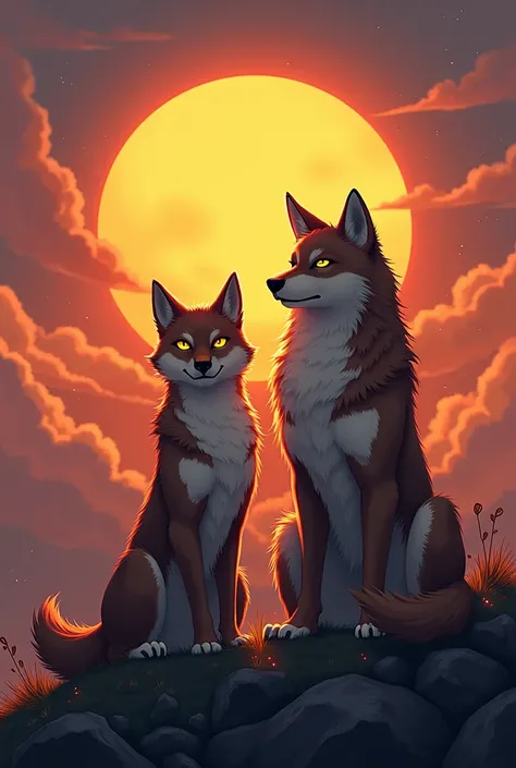 two lobos standing on a hill with a sunset in the background, Lobos, great lobo, Lobos and their treasures, winged Lobos, inspirado en Wolf Huber, lobo, he has yellow lobo eyes, lone lobo, sakimi, lobo companion, mezcla entre un! owl and lobo, ✏️🎨, fantasy...