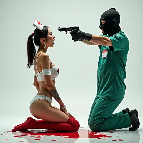 Gorgeous asian woman, huge breasts, white & red leather sexy nurse outfit, kneeling on floor, red lace thigh high stockings, cleavage showing, ponytail, hoop earrings, nipples hard, surprised look, mouth open, neck/chest/arm tattoos screaming, crying eyes ...