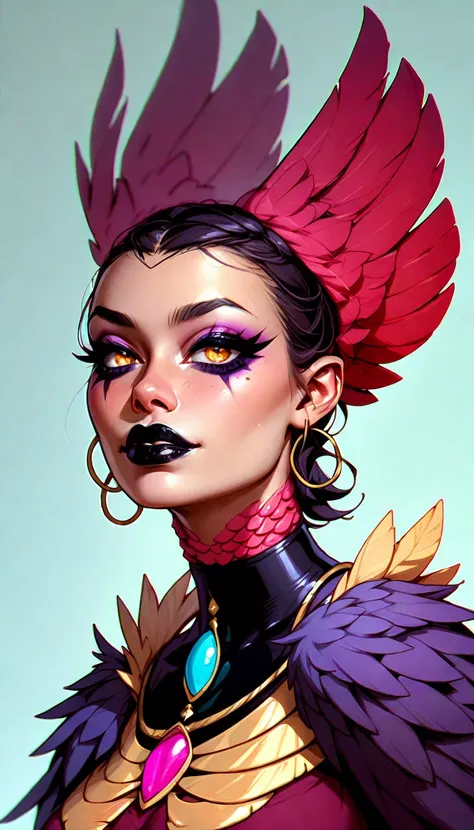 Seductive creature. Harpy Girl. Dark Makeup, Dark Lipstick. Black skin, Gills on Neck, Colorful Feathers. unhealthy appearance. dnd character.  dnd. Avian Armor, Harpy Armor. Eagle Legs. 