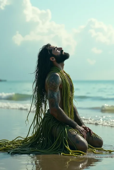 Jonah,  covered in seaweed and wet , kneeling on a beach ,  looking up at the sky with gratitude. In the background,  The sea is calm .