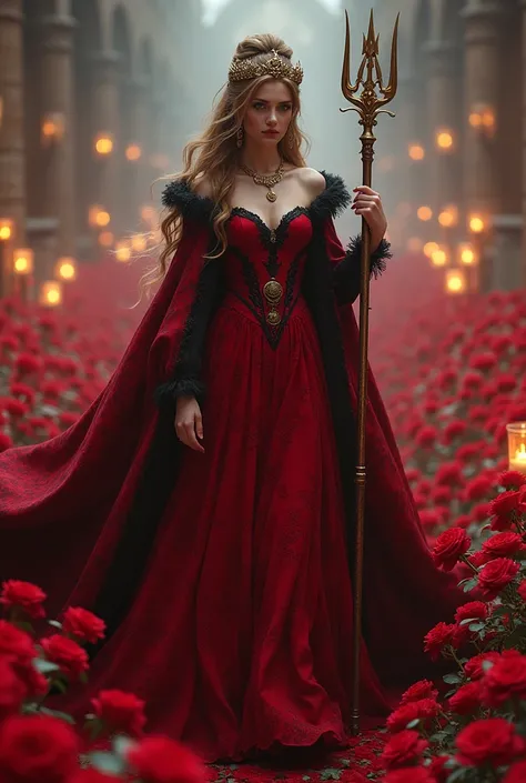   Beautiful woman with long hair tied up with golden crown, red wedding dresses with black lace details.   giant coat that covers up to the feet with print and hood , rose field background , CORSET, trident in hand, dress made of red roses ,   walking thro...