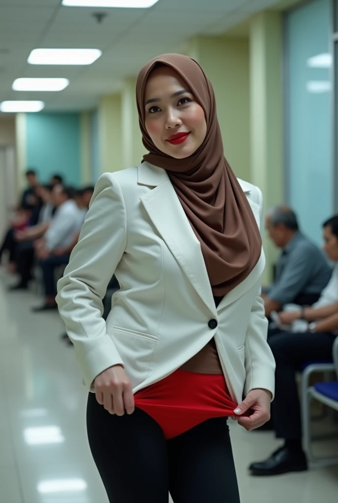 45 Years, Brown pasmina hijab, from Indonesia,(( wearing a white blazzer shirt )), and ((( wearing long leggings of black color  )), 
 bulging round breasts , pantat sangat besar and bulat , thick red lips ,  sensual smile face (( turn to the front of the ...