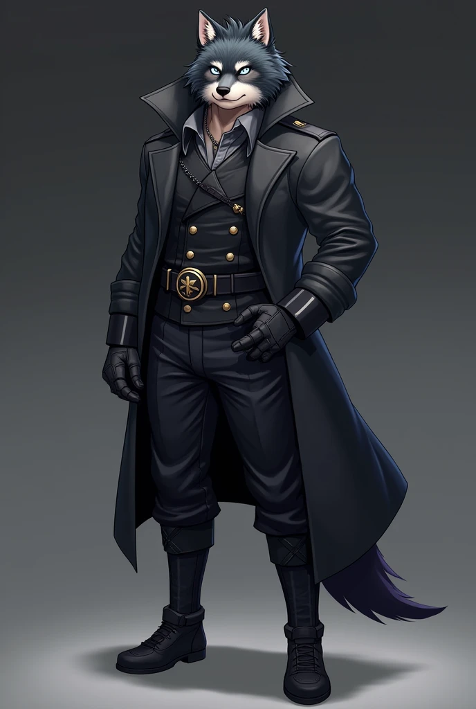 Mushoku the wolf , furry wolf,  dark military general suit , Dark trench coat, grey pants, dark boots , dark gloves,  dark lenses,  short dark hair combed up,  intelligent , Serious,  concept art,  full body, furry wolf, Anime style, beastars,  hierarch of...