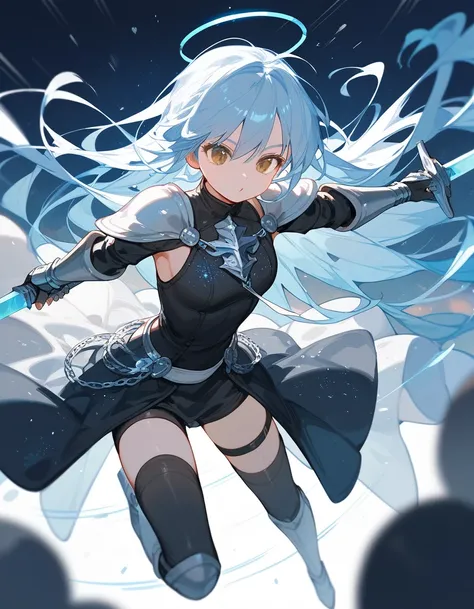 Score_9,Score_8_up,Score_7_up,highest quality, source_anime, highest quality, BREAK knight girl, light blue hair, long hair, brown eyes, sword, rapid descent, glitter, motion blur, motion lines, low angle, (fall:1.4)