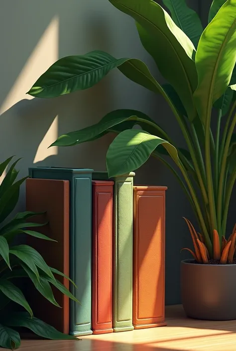 Still life 4 books in a bookcase banana leaf bush dynamic composition clipping light and side light 