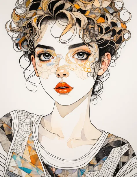 Super detailed, top quality, (abstract mixed media art of manga and Egon Schieles drawings), (delicate and precise contours), coloring with acrylic paints, halftone color, beautiful portrait of one girl with relaxed expression, pose from head to chest, lof...