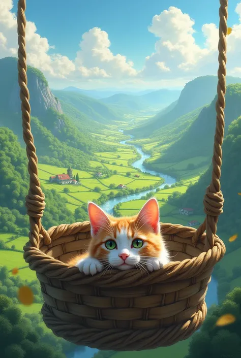 Cat Meow?” he said, peeking out. Below, the world looked like a giant painting—fields looked like green patchwork quilts, rivers sparkled like silver ribbons, and houses were tiny dots.
Prompt: "A cat peeks over the edge of a floating basket, looking down ...