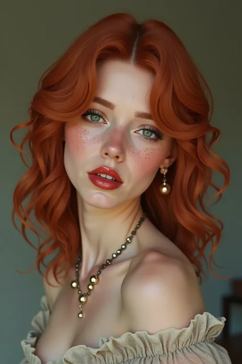  I want to create a profile of a woman with fine features, type:  upturned nose ,  green almond eyes,  red hair with shoulder length curlers , white skin with freckles, full lips and curvy body .  The models face should be more proportionate in terms of we...