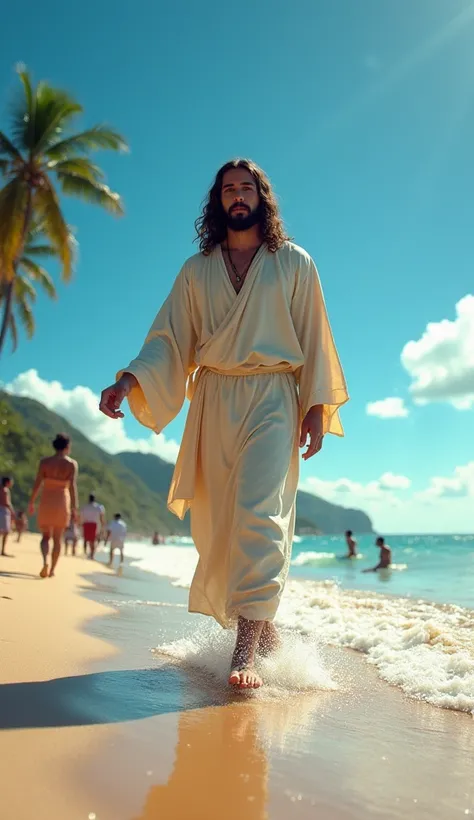 "An ultrarealistic 8K portrayal of Jesus walking on the beaches of Florianópolis, Santa Catarina, under a clear blue sky, with surfers and tourists marveling at his serene presence."
