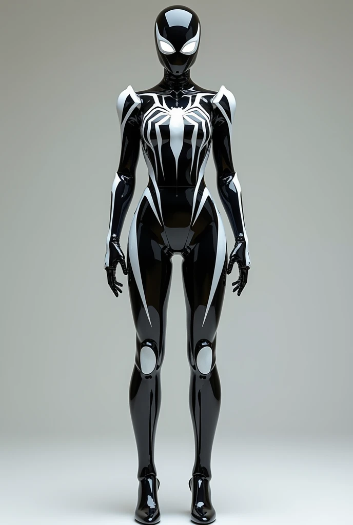 Create a custom Spider-Woman costume ,  his robotic suit must have characteristics of South Korean culture,  that is black and white, elegant and intimidating , From his back come out large robotic legs 