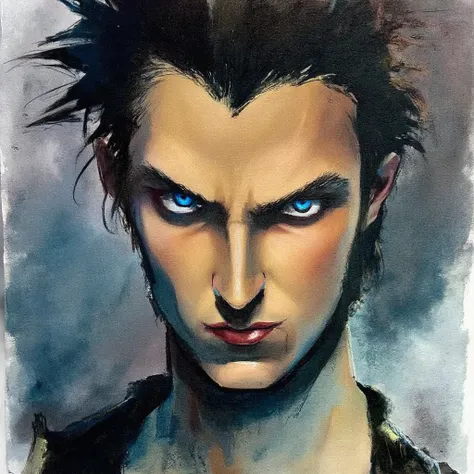 (jotaro kujo) in the style of hirohiko araki,zoomed in on face, focused on face, blue highlights,looking at viewer, watercolor, manga, aristocratic youth, jojos bizzare adventure 