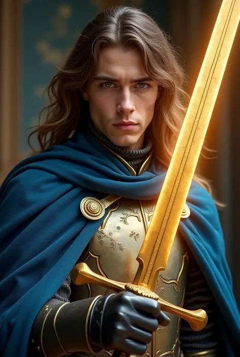  best quality ,  masterpiece ,  ultra high resolution , portrait,  Young man with long hair , beautiful,  brown and wavy , Detailed metal armor, serious look, Fluid blue cape ,  medieval longsword ,  golden handle and its blade emanates a very strong light...