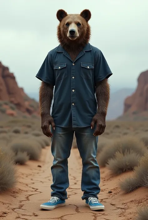 Create an ultra-realistic photo of a man with a bears head wearing a basic dark blue shirt, jeans and blue Vans sneakers behind a dry valley