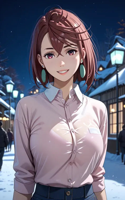  Momo Ayase、Alone、 woman、(Big Breasts:1.4)、 earrings、 thin waist 、snow、winter、night、Background blur、(Naked with a shirt:1.6)、 big smile when looking back