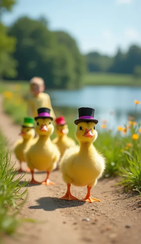 Create an ultra-realistic image of several small ducklings wearing colorful top hats, playfully waddling along a dirt path. The sides of the road are lined with bright green grass and vibrant wildflowers. In the background, a large, tranquil lake reflects ...