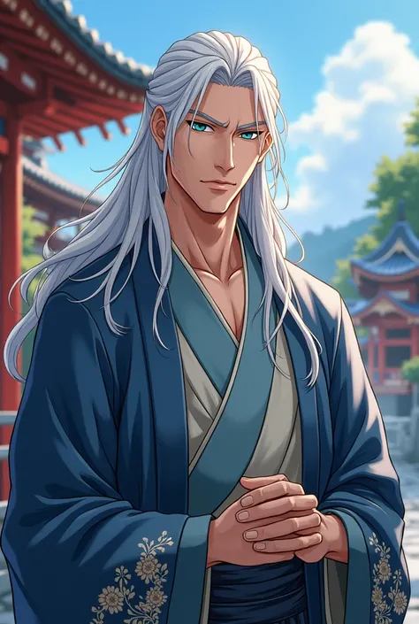 middle-aged anime man with long white hair, kimono, blue eyes