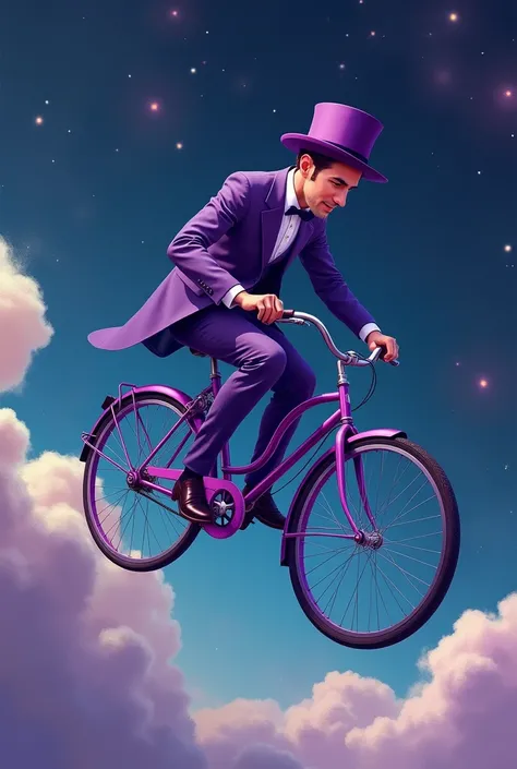 Create purple bike picture with purple gentleman hat yanh ready to fly into space