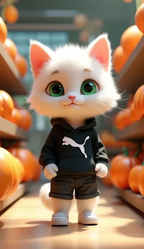 "High quality 3D rendering of anthropomorphic white fluffy little kitten with expressive green eyes ,  wears a black hoodie with a puma emblem , black jeans shorts , white shoes.  is standing in the supermarket facing a shelf filled with stuffed pumpkins. ...