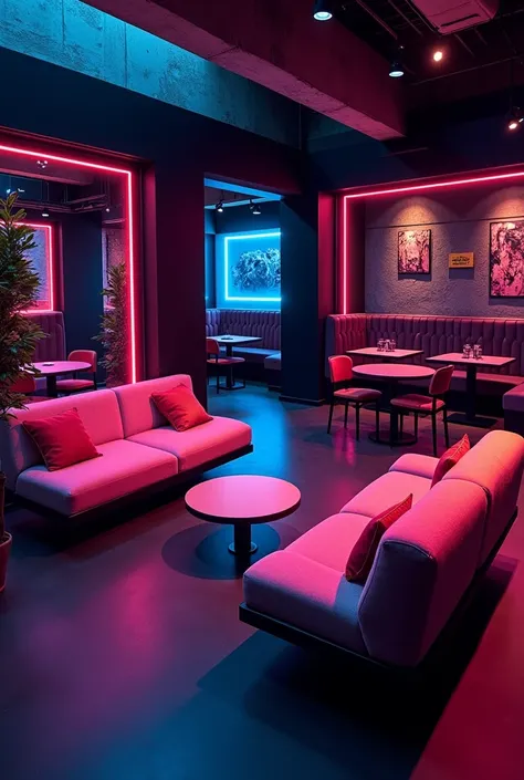 A dining area, has 2 sofa with 2 circle table separated with 4 circle table and 3 chairs for each table, the side of the 4 circle table has no wall

Color scheme: Neon lighting, black wall and dim lights