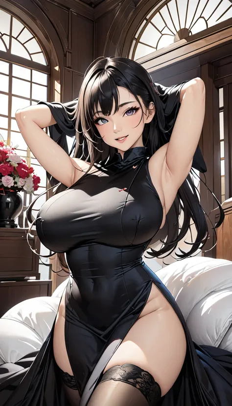 (masterpiece, top quality, Ultra High Resolution ),  Japanese woman ,Smile, (((A very beautiful 2))), Big Breasts 、Chest pocket、((Black satin high collar dress)),(Tight Fit),sleeveless、 satin opera gloves 、Satin knee socks、 Satin has a very strong luster 、...