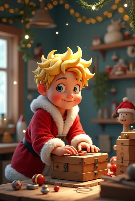 Design Santa as a golden-haired boy  in a toy workshop making a box