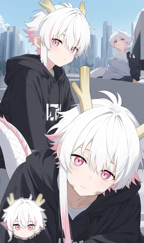 1boy,Pink Eyes,dragon horns on side of head,white hair,white ends of hair,muliticolored hair,looking at viewer,cute boy,white shirt,city,Anime, Anime Style,13year old boy,dirty clothes,dragon tail,dragon scales on shoulder,oversized black hoodie, multiple ...