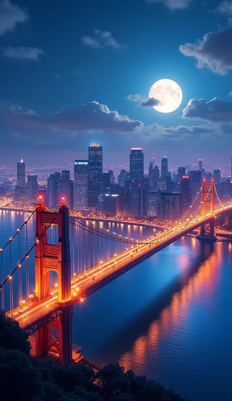  Brightly lit bridge with wide view of the city with many well-lit buildings. moon in the sky. Vivid colors Realistic .