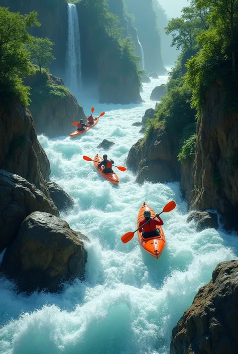 rushing waterfalls,  Steep Descent Kayaks ,  White Splashes ,  Lush Jungle, thrill,  adventure , Strong Nature ,  Clear Water Streams 