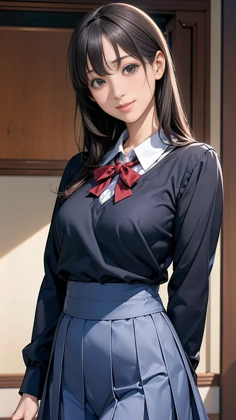 Beautiful girl,Shiraki Rika, student council president, noble, elegant, high school uniform, long hair, black or dark brown hair, delicate features, gentle smile, popular, admired by boys, refined facial features, school setting, formal pose, confident pos...