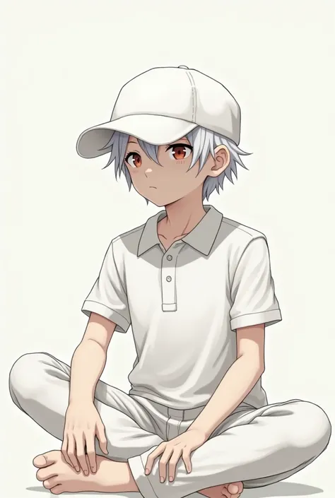  A boy with a size hat with a white polo shirt and white pants and white hair and who is sitting as a teenager and who is in anime that has no head and that the hat is white that is pure white but very white and that you take your head off I want him to be...