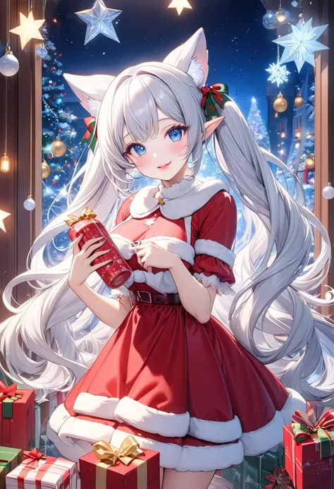 (ultra detailed and delicate illustration), in a cute Christmas Santa Girl clothes, hand holding a big Christmas Gift Box, break, solo, age 67, beautiful white skin, elf ear:1.2, ((delicate twin tail hair)), (beautiful vivid silver hair, delicate long hair...