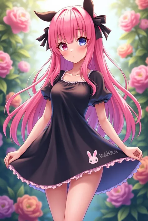 Boku Female Anime , long pink hair, left eye pink,  while the right one is blue, Wearing clothes wearing a black bunny dress, In the flowers , modeling,  with full body 