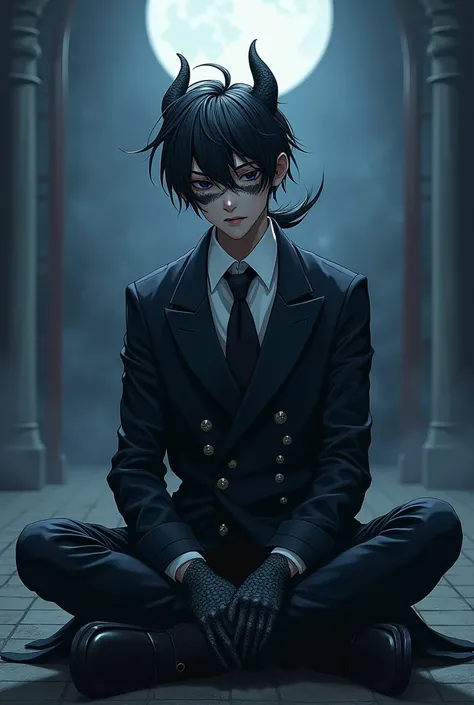 The appearance is a young man, and the impression is heavy and sharp. The dark eyed dragon with an ink color and a short ponytail is humanized to show black scales on the cheeks and hands, and the skin color is slightly grayish, but he is sitting on a tile...