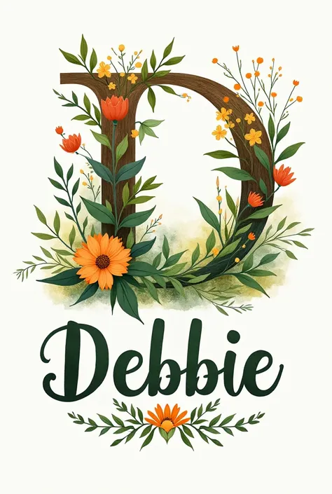 Make the letter D in capital letters ornamented in the background,  and highlight the name Debbie in the front, Larger than it covers the entire D.  Give it a nature theme , Plants and flowers,  without animals or people . The image not in 3D , watercolor ...