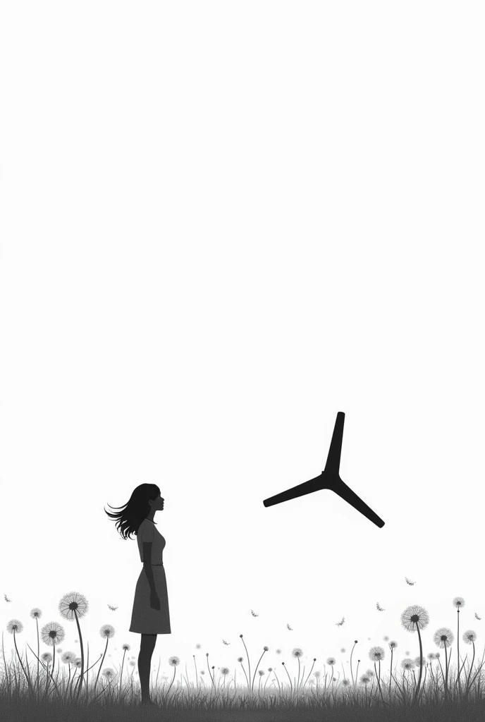  Minimalist black and white illustration . A woman is standing on the left side of the image,  represented with simple and stylized lines ,  looking calmly at a boomerang that floats in the air on the right side of the image.  The background shows a field ...