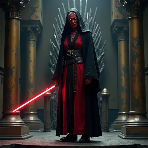 Elderly elderly woman ,  with a decrepit body with red skin and black tattoos on her face. yellow-eyed.  She wears black and red Jedi robes .  He is wearing a wide black hood .  He wears black boots .  He carries a light sabre with a single red blade.  She...