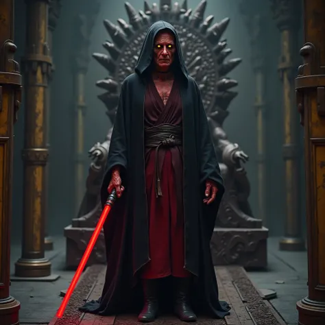 Elderly elderly woman ,  with a decrepit body with red skin and black tattoos on her face. yellow-eyed.  She wears black and red Jedi robes .  He is wearing a wide black hood .  He wears black boots .  He carries a light sabre with a single red blade.  She...