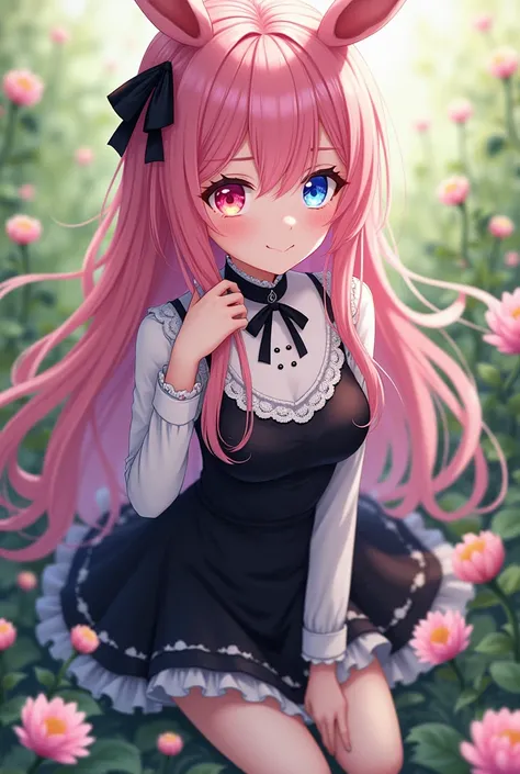 Boku Female Anime , long pink hair, left eye pink,  while the right one is blue, Wearing clothes wearing a black bunny dress, coquette, In the flowers ,  with full body 