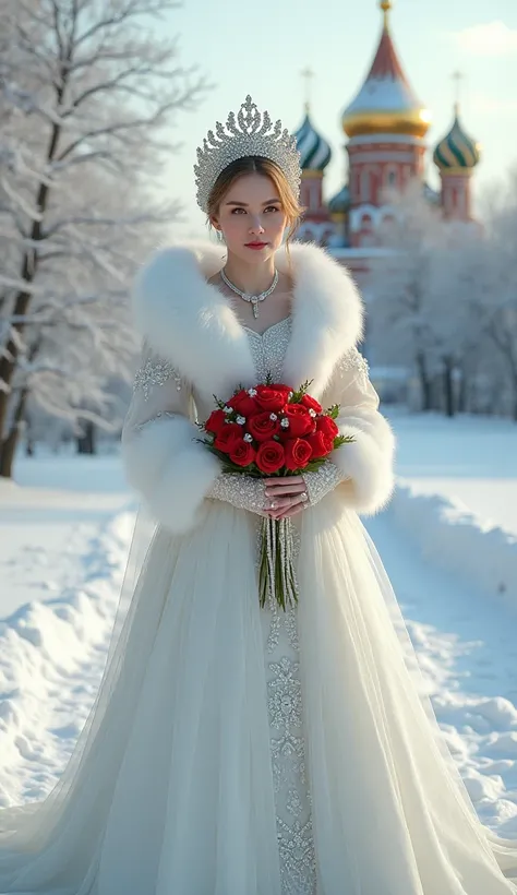 A Russian bride in a traditional kokoshnik headdress decorated with pearls and gems, wearing a white fur-trimmed wedding gown. She stands against a snowy landscape, holding a bouquet of red roses, with an ornate onion-domed church in the distance.