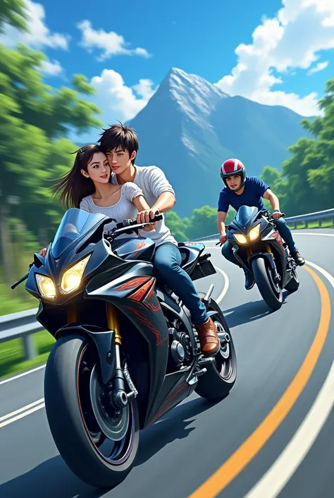 (Masterpiece) (high quality) (detailed face) Generate an anime-style image of two motorbikes, one with a couple on it, and one with a single guy on it