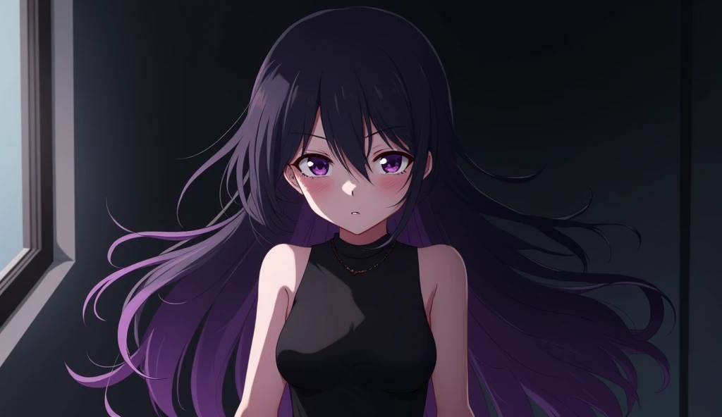 Young girl,  long black and purple hair,   hard shadows, breasts, colored anime, annoyed, wearing a black dress up to the neck, 